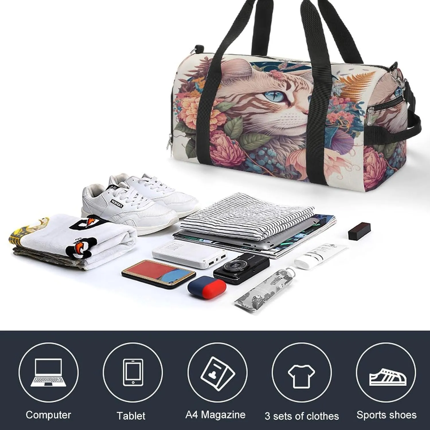 Sport Gym Duffel with Shoe Compartment Wet Pocket, Watercolor-cats-colorful Shoulder Travel Bag for Women Men