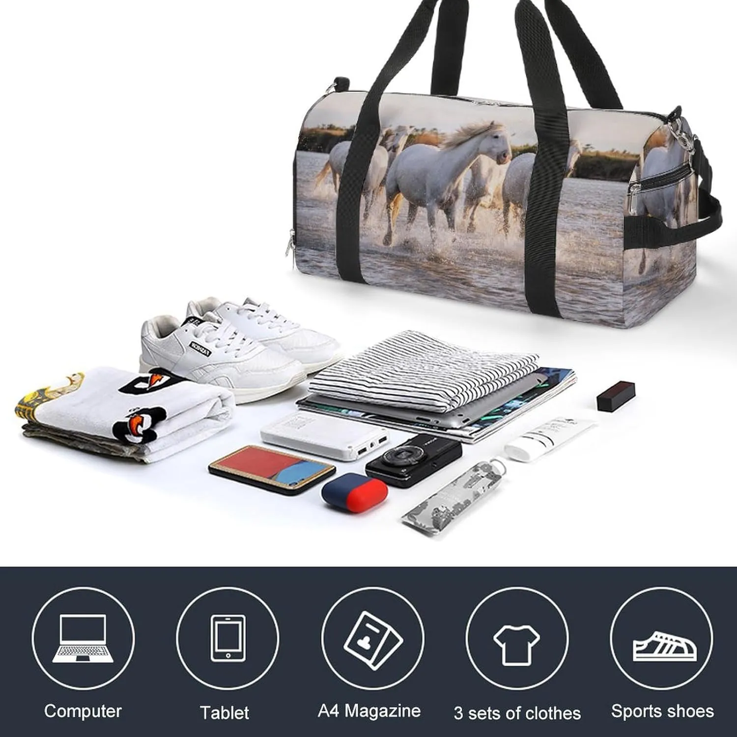 Sport Gym Duffel with Shoe Compartment Wet Pocket, White-horses Camargue-france Shoulder Travel Bag for Women Men, style-4