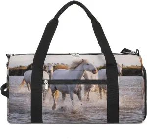 Sport Gym Duffel with Shoe Compartment Wet Pocket, White-horses Camargue-france Shoulder Travel Bag for Women Men, style-4