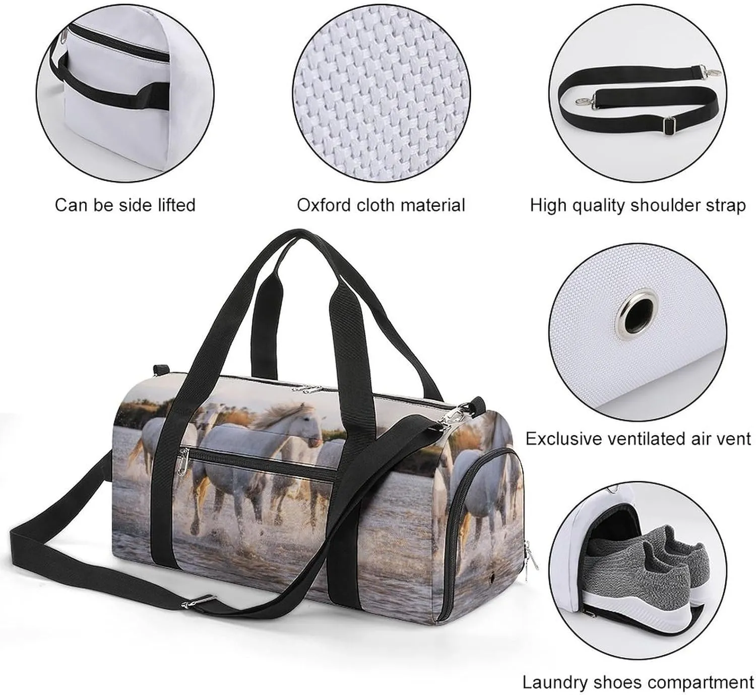 Sport Gym Duffel with Shoe Compartment Wet Pocket, White-horses Camargue-france Shoulder Travel Bag for Women Men, style-4