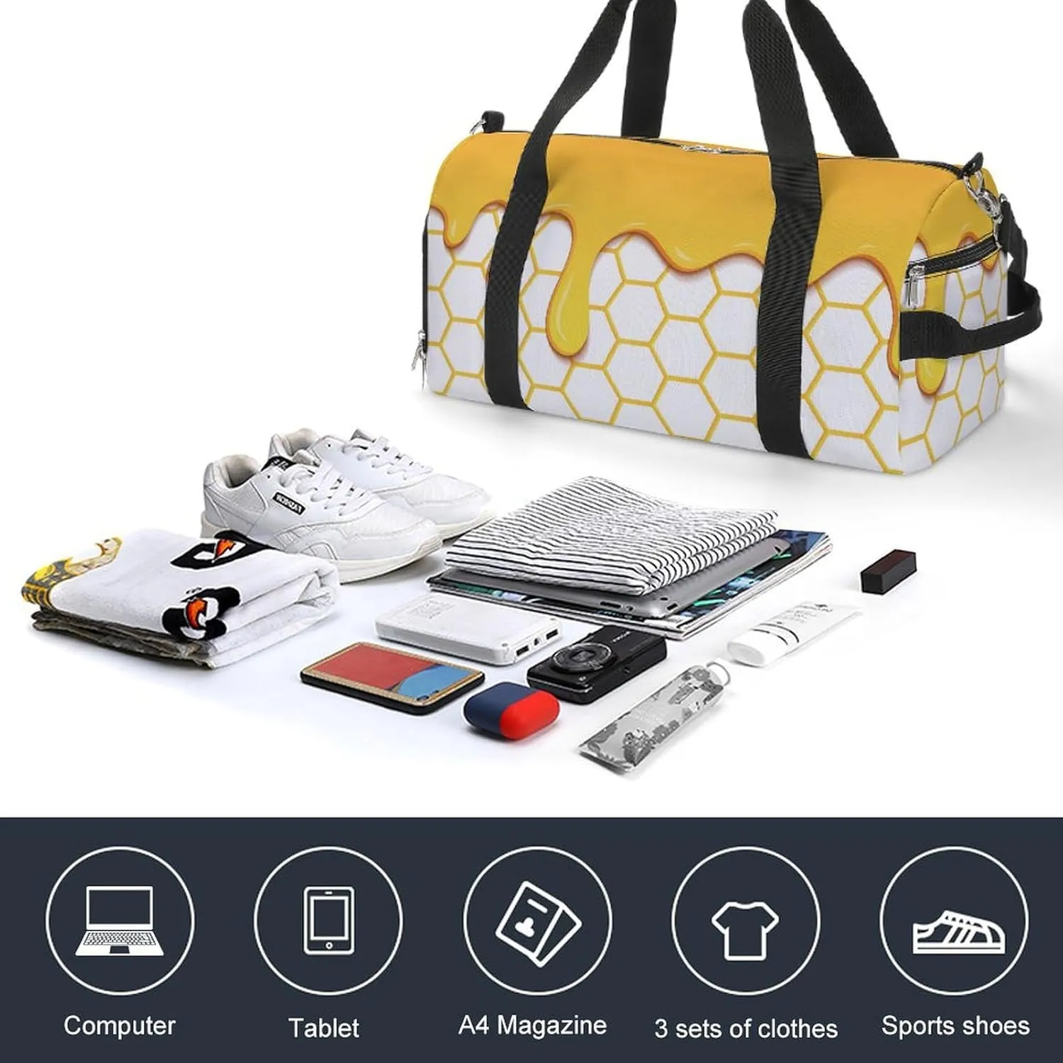 Sport Gym Duffel with Shoe Compartment Wet Pocket, Yellow-honeycomb-honey-drips Shoulder Travel Bag for Women Men