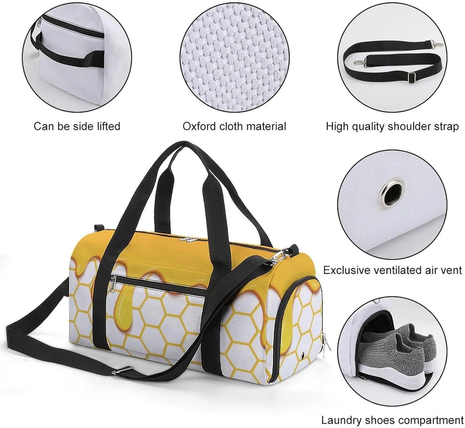 Sport Gym Duffel with Shoe Compartment Wet Pocket, Yellow-honeycomb-honey-drips Shoulder Travel Bag for Women Men