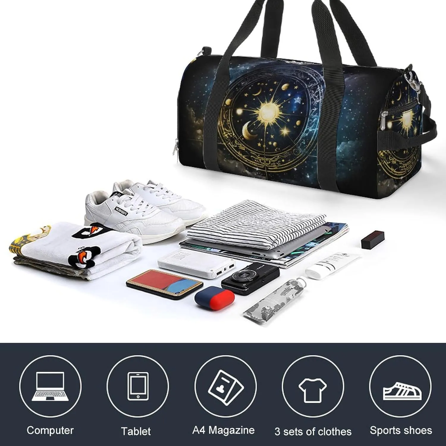 Sport Gym Duffel with Shoe Compartment Wet Pocket, Zodiac-symbols Shoulder Travel Bag for Women Men, style