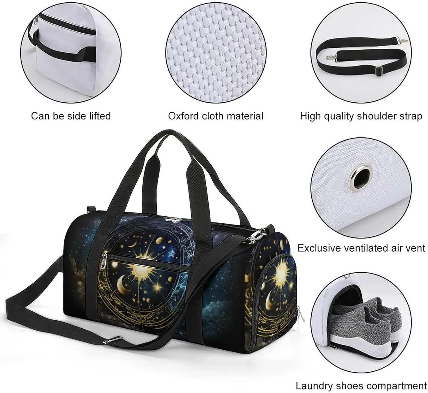 Sport Gym Duffel with Shoe Compartment Wet Pocket, Zodiac-symbols Shoulder Travel Bag for Women Men, style