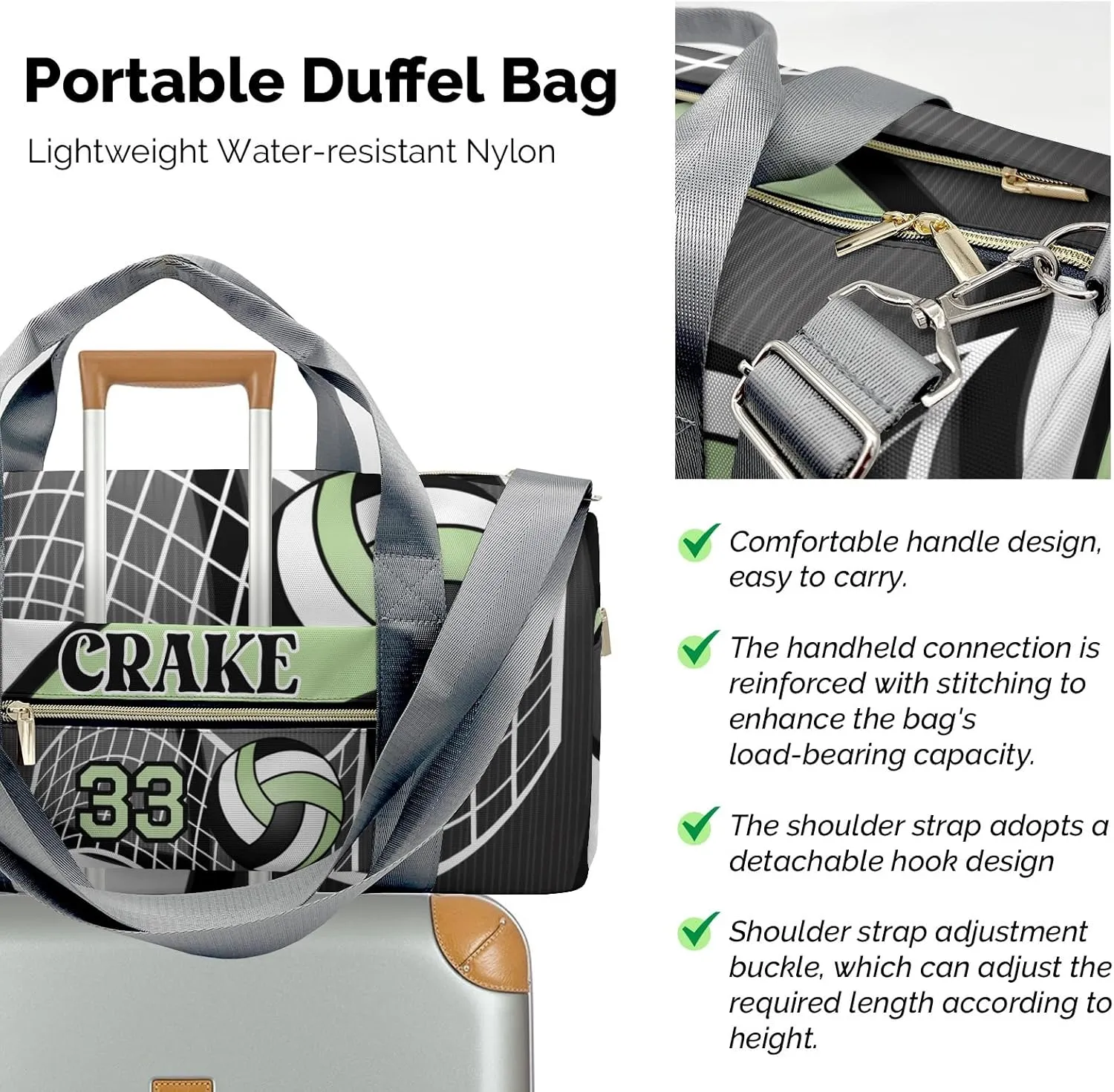 Sport Player Duffle Bag for Travel,Personalized Volleyball Team Mint Carry on Bag Travel Bags Overnight Weekend Gym Bag Carry On Luggage Bags