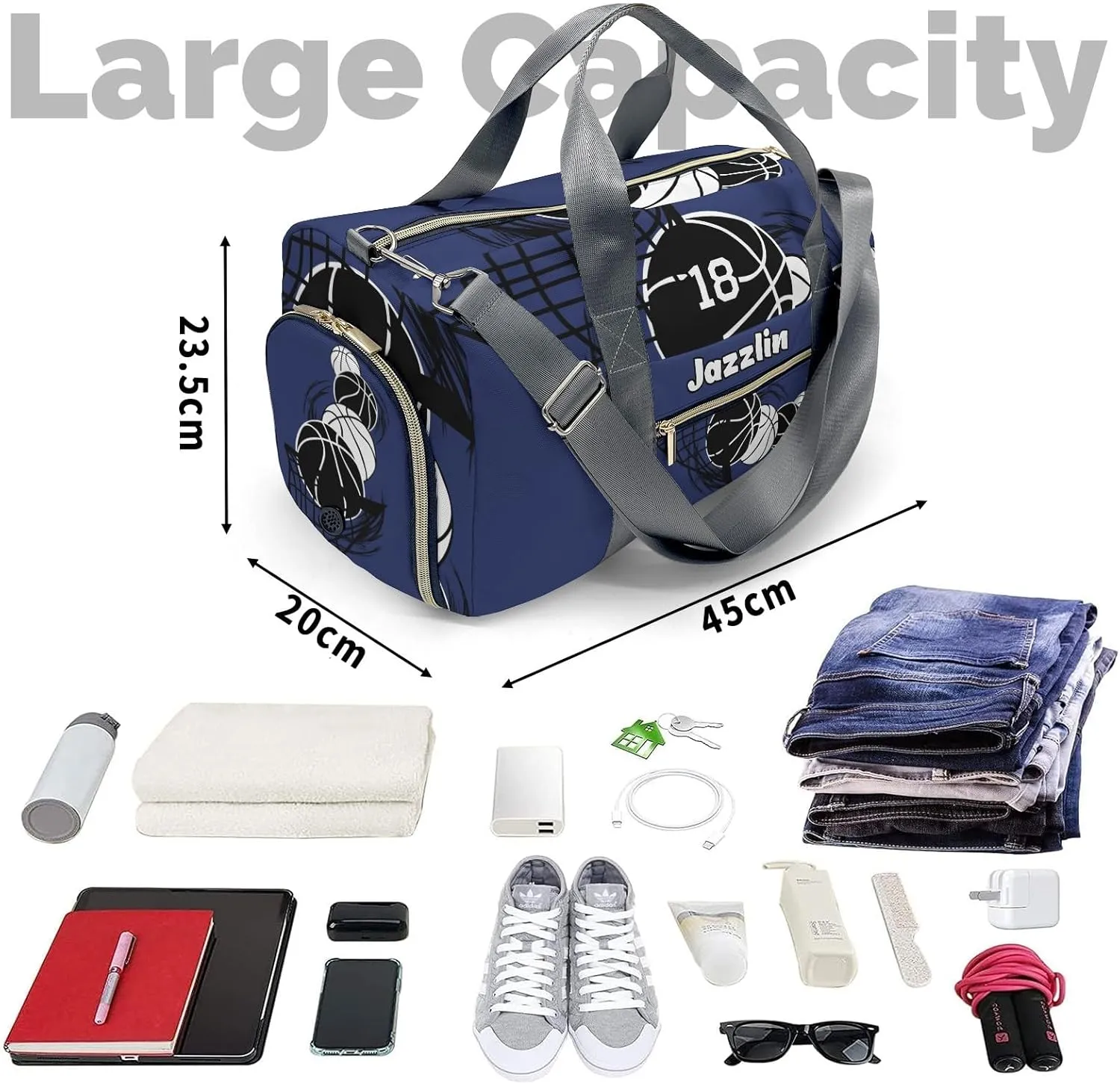 Sport Player Gym Bags Travel Duffle Bag,Basketball Navy Duffel Bag with Shoe Compartment,Personalized Workout Duffle Sports Bag for Travel
