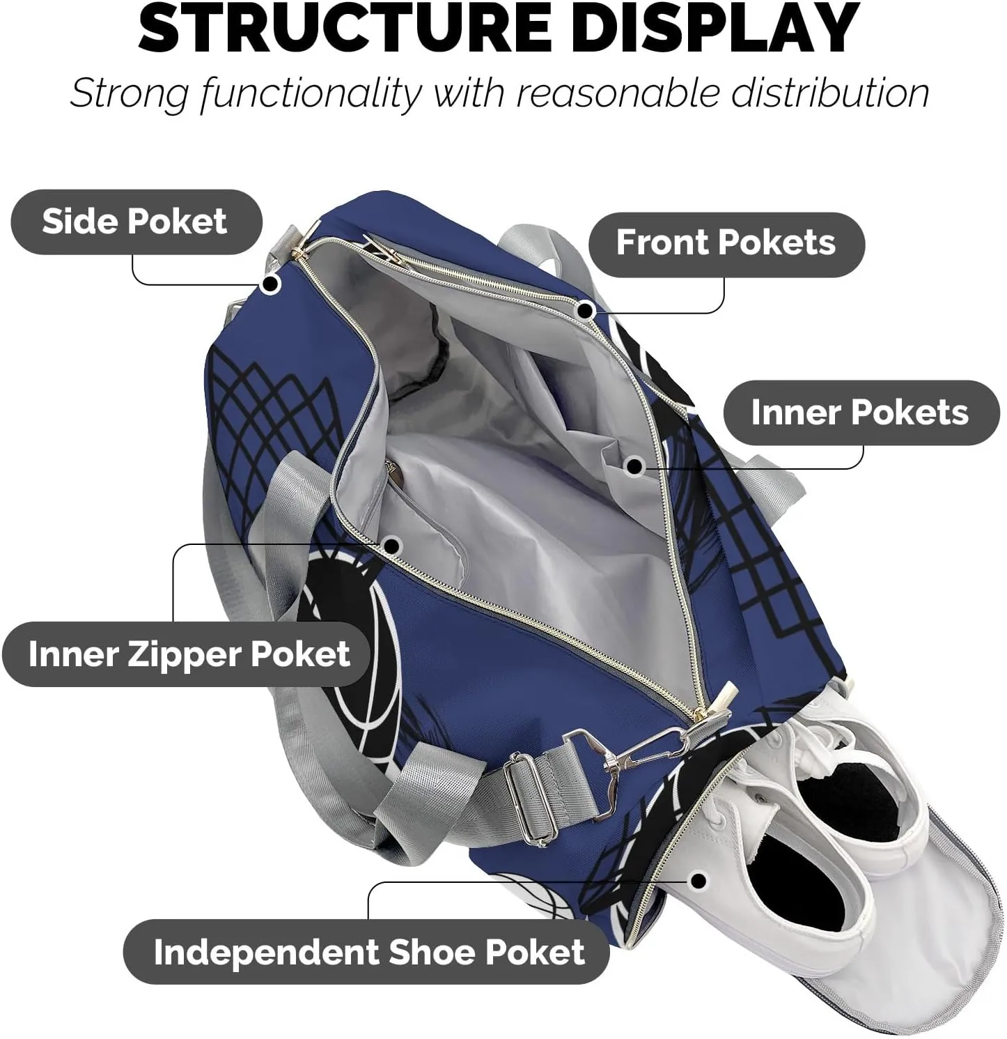 Sport Player Gym Bags Travel Duffle Bag,Basketball Navy Duffel Bag with Shoe Compartment,Personalized Workout Duffle Sports Bag for Travel