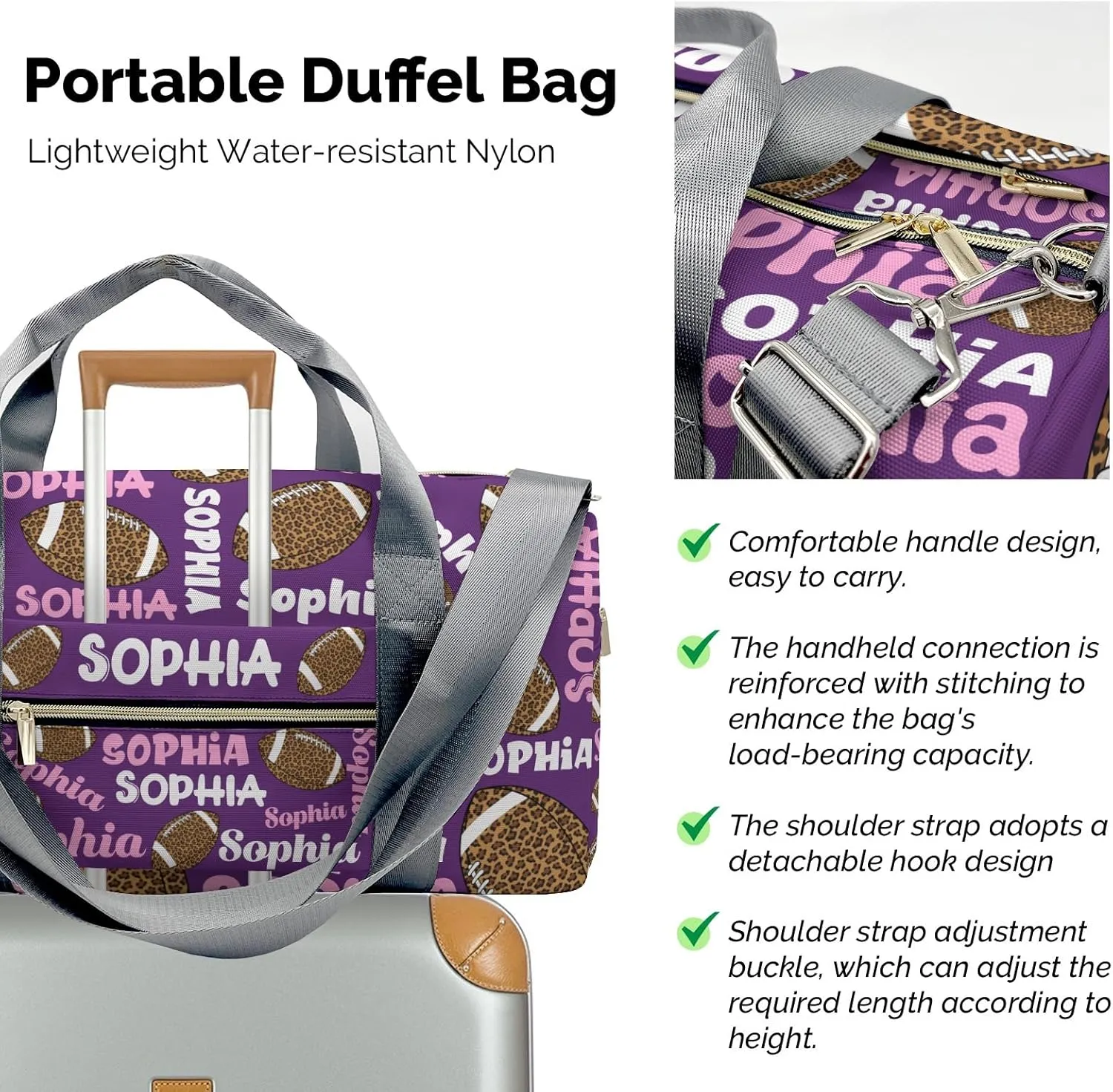 Sport Player Gym Bags Travel Duffle Bag,Football leopard Purple Weekender Duffel Bag with Shoe Compartment,Personalized Workout Duffle Sports Bag for Travel Yoga