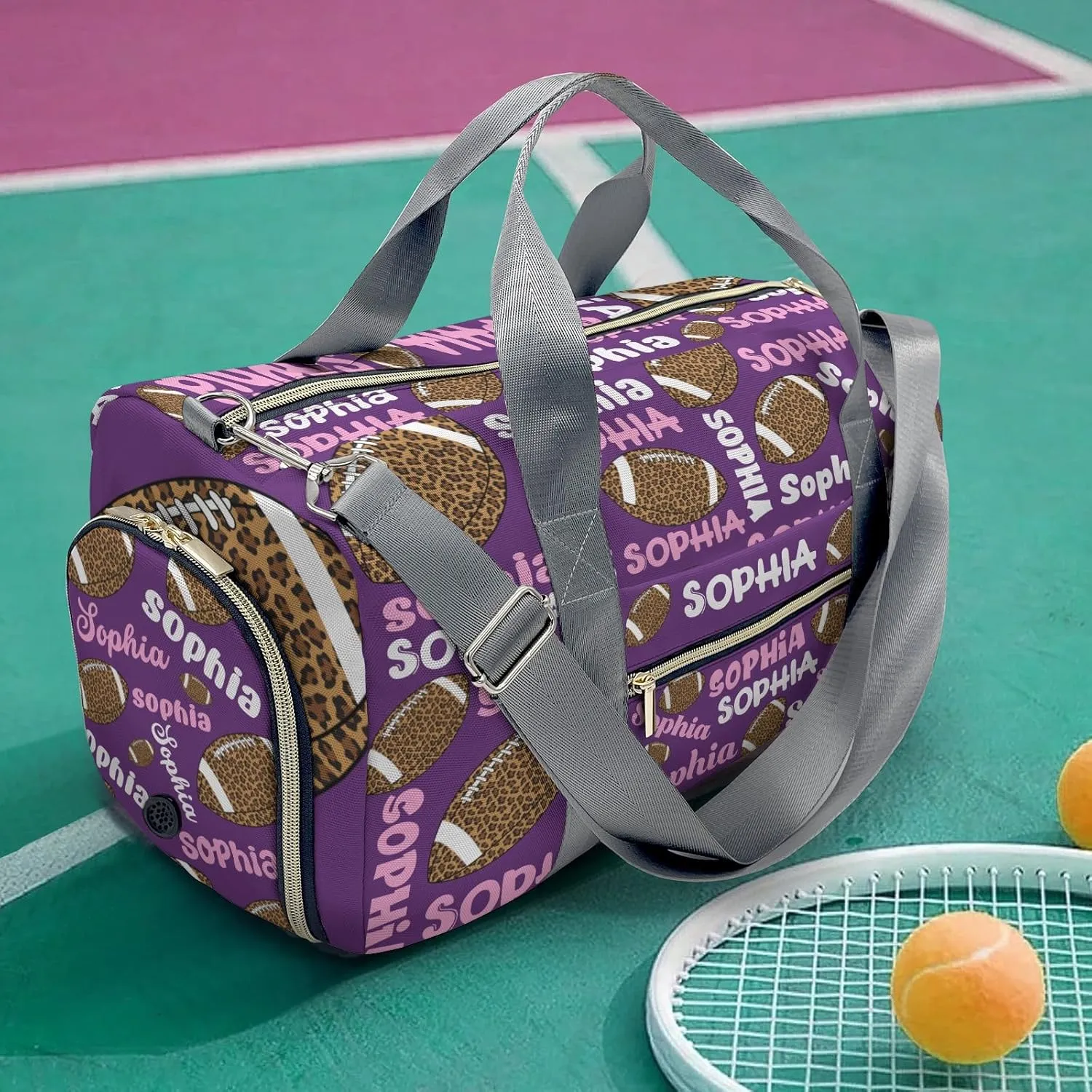 Sport Player Gym Bags Travel Duffle Bag,Football leopard Purple Weekender Duffel Bag with Shoe Compartment,Personalized Workout Duffle Sports Bag for Travel Yoga