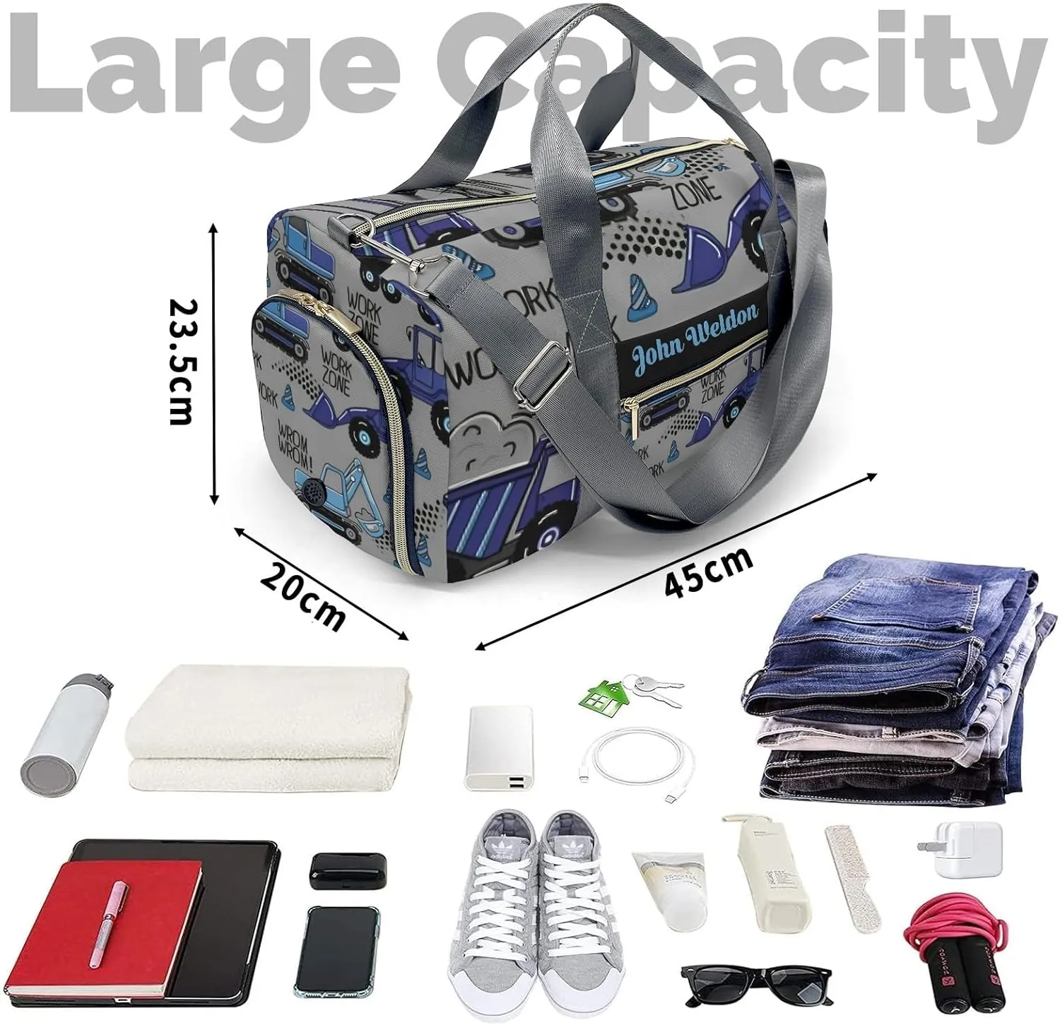 Sport Player Gym Bags Travel Duffle Bag,Work Worm Zone Trucks Weekender Duffel Bag with Shoe Compartment,Personalized Workout Duffle Sports Bag for Travel Yoga