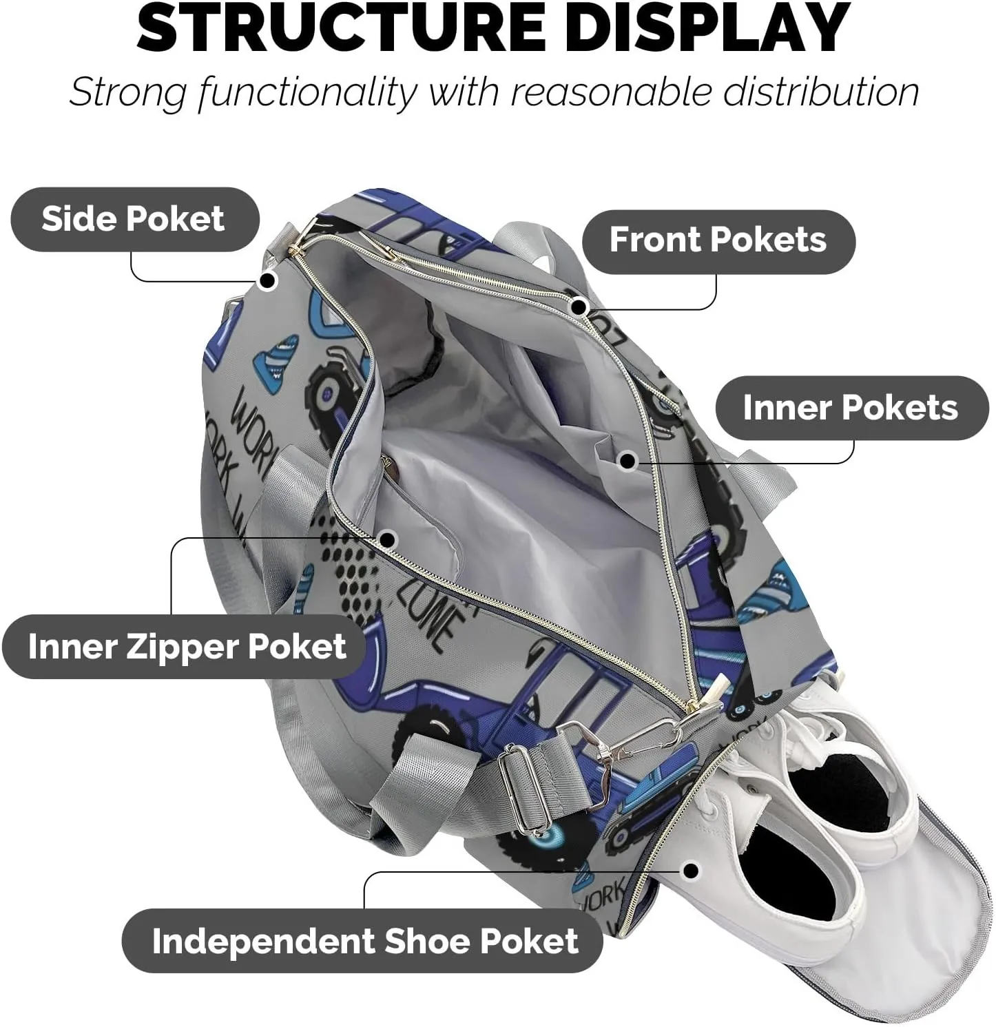 Sport Player Gym Bags Travel Duffle Bag,Work Worm Zone Trucks Weekender Duffel Bag with Shoe Compartment,Personalized Workout Duffle Sports Bag for Travel Yoga