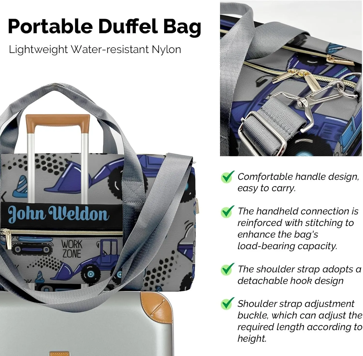 Sport Player Gym Bags Travel Duffle Bag,Work Worm Zone Trucks Weekender Duffel Bag with Shoe Compartment,Personalized Workout Duffle Sports Bag for Travel Yoga