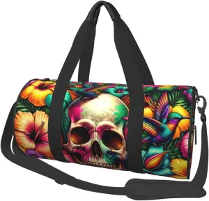 Sports Duffel Bag Skull-Hummingbirds-Flowers Foldable Travel Tote Bag Weekender Sleepover Carry On Bag