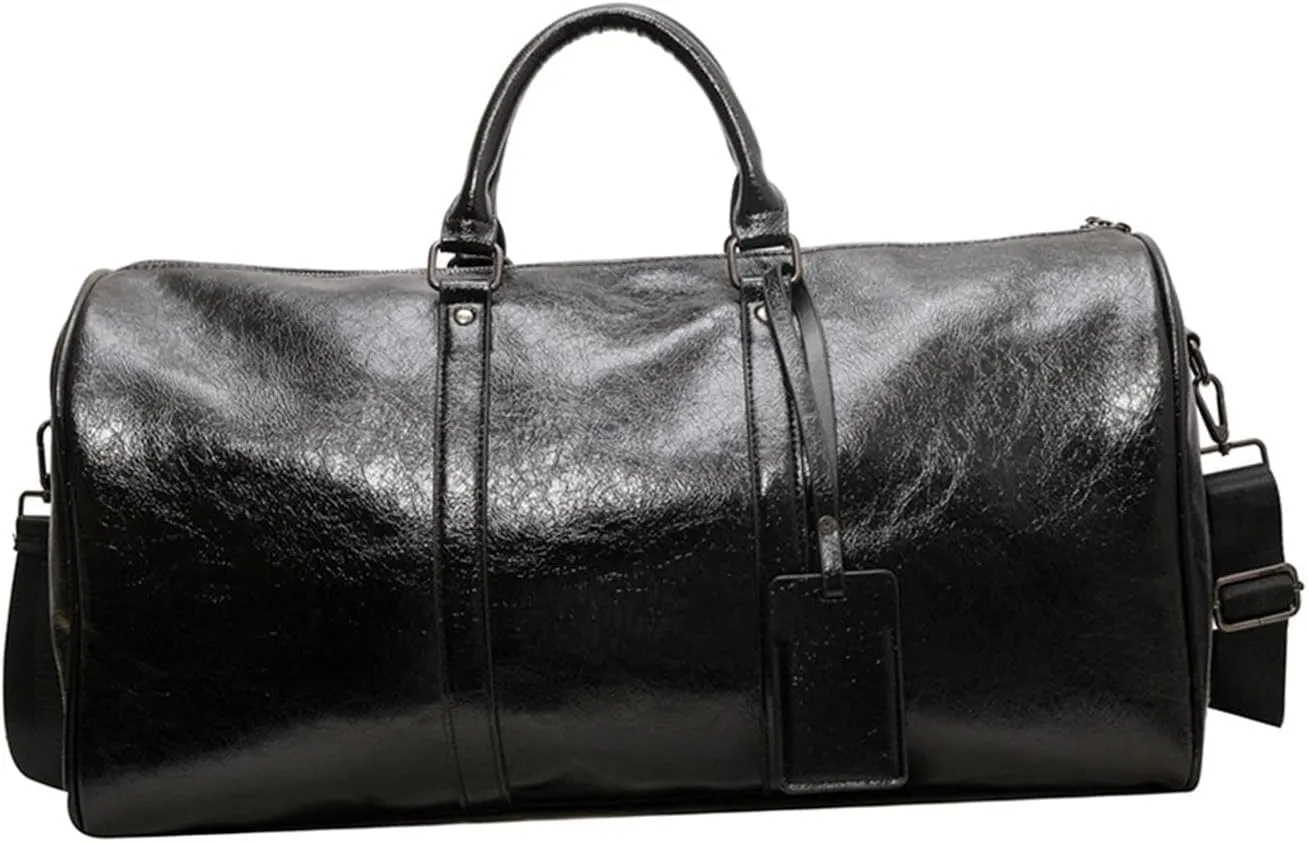 Sports Gym Bag Carry on Bag Portable PU Leather Fashion Large Travel Duffle Bag Overnight Bag for Exercise Weekend Sports Gym, Black