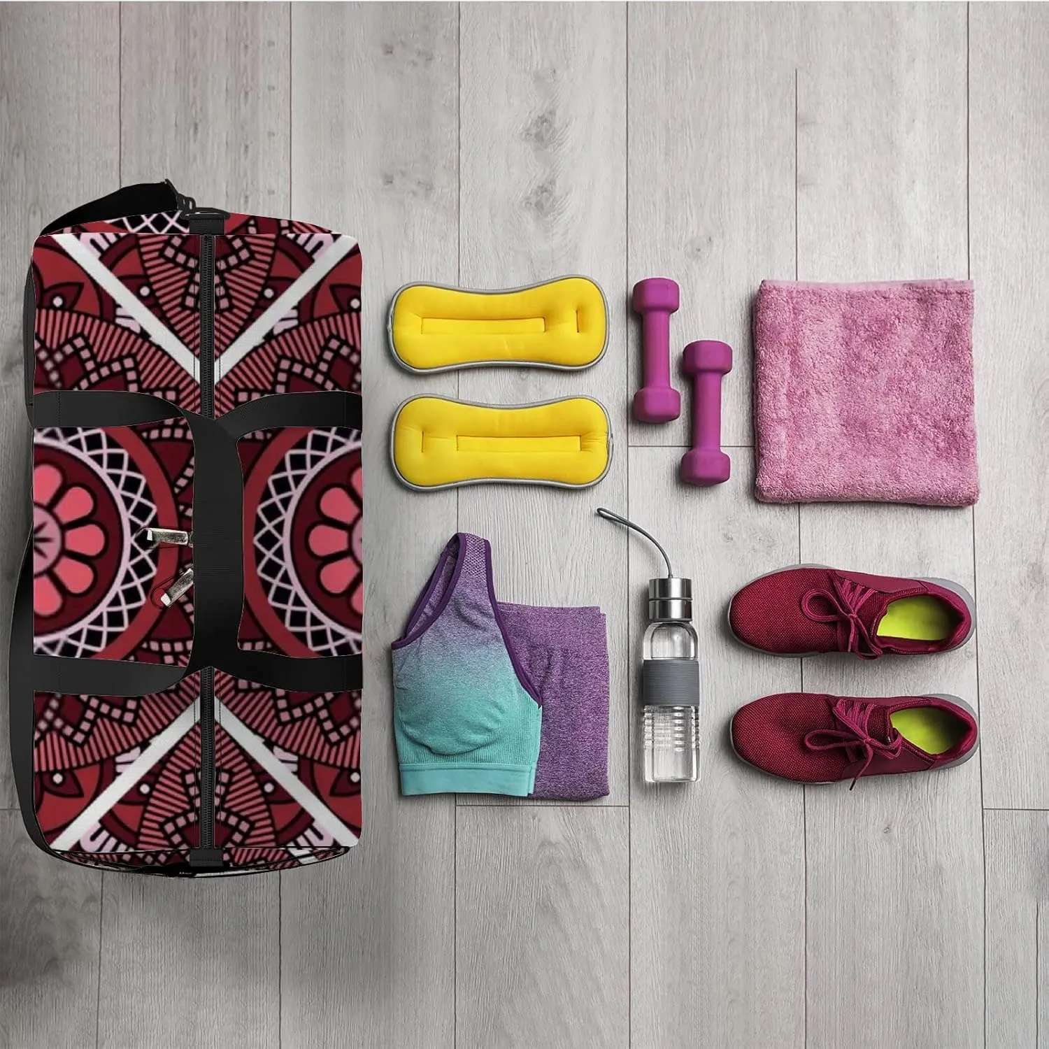Sports Gym Bag for Women and Men Waterproof Abstract Round Colorful Red White Colors Duffel Bag Lightweight Carryon Traveling Boarding Gripsack