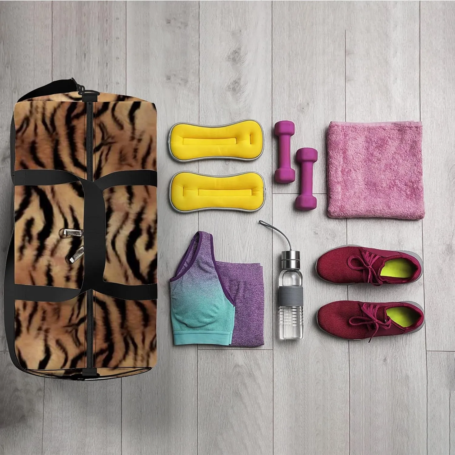 Sports Gym Bag for Women and Men Waterproof Abstract Tiger Skin Brown Duffel Bag Lightweight Carryon Traveling Boarding Gripsack