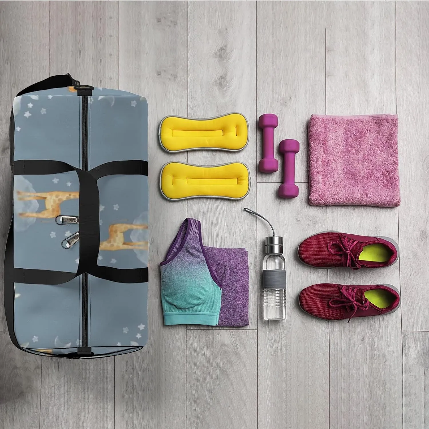 Sports Gym Bag for Women and Men Waterproof Animals Watercolor Sky Clouds Stars Duffel Bag Lightweight Carryon Traveling Boarding Gripsack