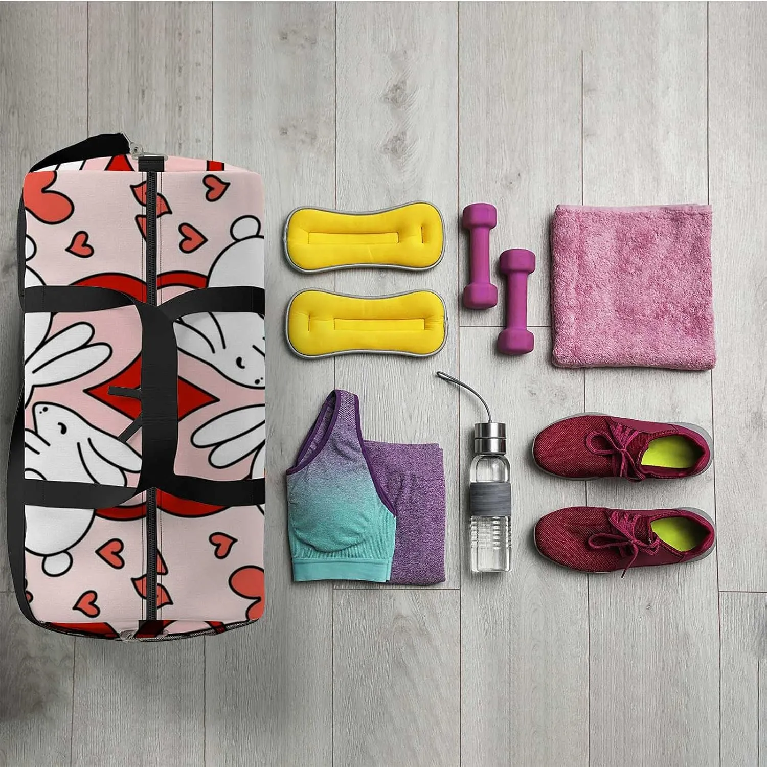 Sports Gym Bag for Women and Men Waterproof Beautiful Colorful Illustration Two Bunnies Red Duffel Bag Lightweight Carryon Traveling Boarding Gripsack