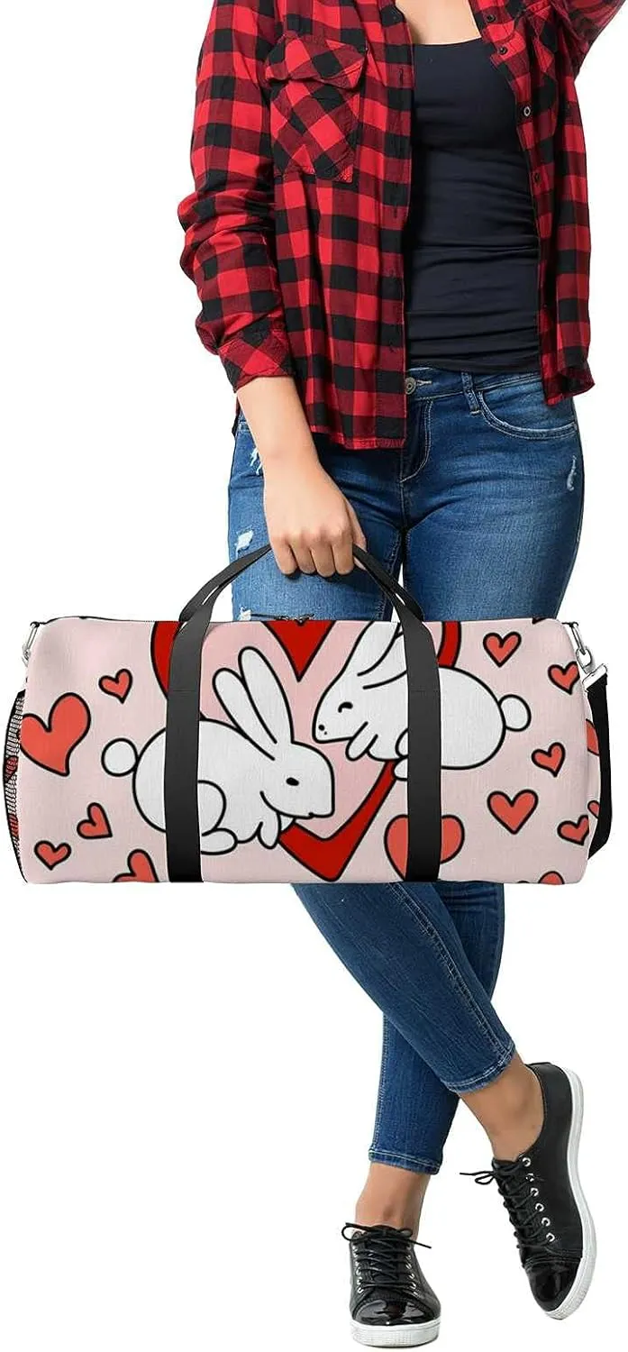 Sports Gym Bag for Women and Men Waterproof Beautiful Colorful Illustration Two Bunnies Red Duffel Bag Lightweight Carryon Traveling Boarding Gripsack