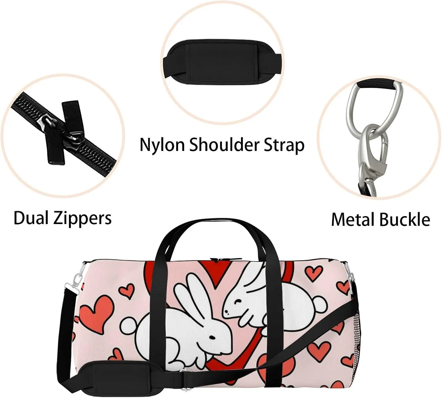 Sports Gym Bag for Women and Men Waterproof Beautiful Colorful Illustration Two Bunnies Red Duffel Bag Lightweight Carryon Traveling Boarding Gripsack