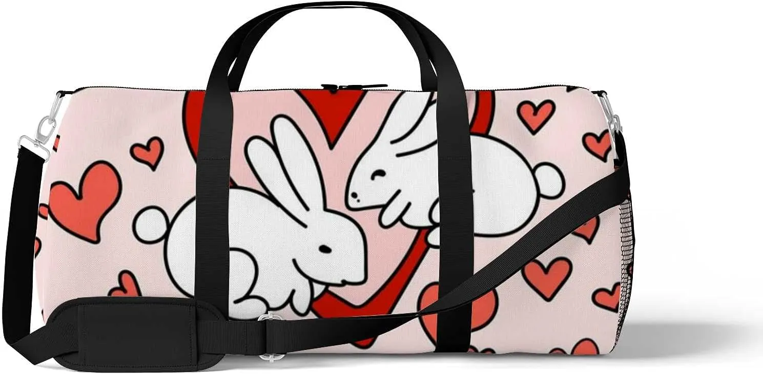 Sports Gym Bag for Women and Men Waterproof Beautiful Colorful Illustration Two Bunnies Red Duffel Bag Lightweight Carryon Traveling Boarding Gripsack