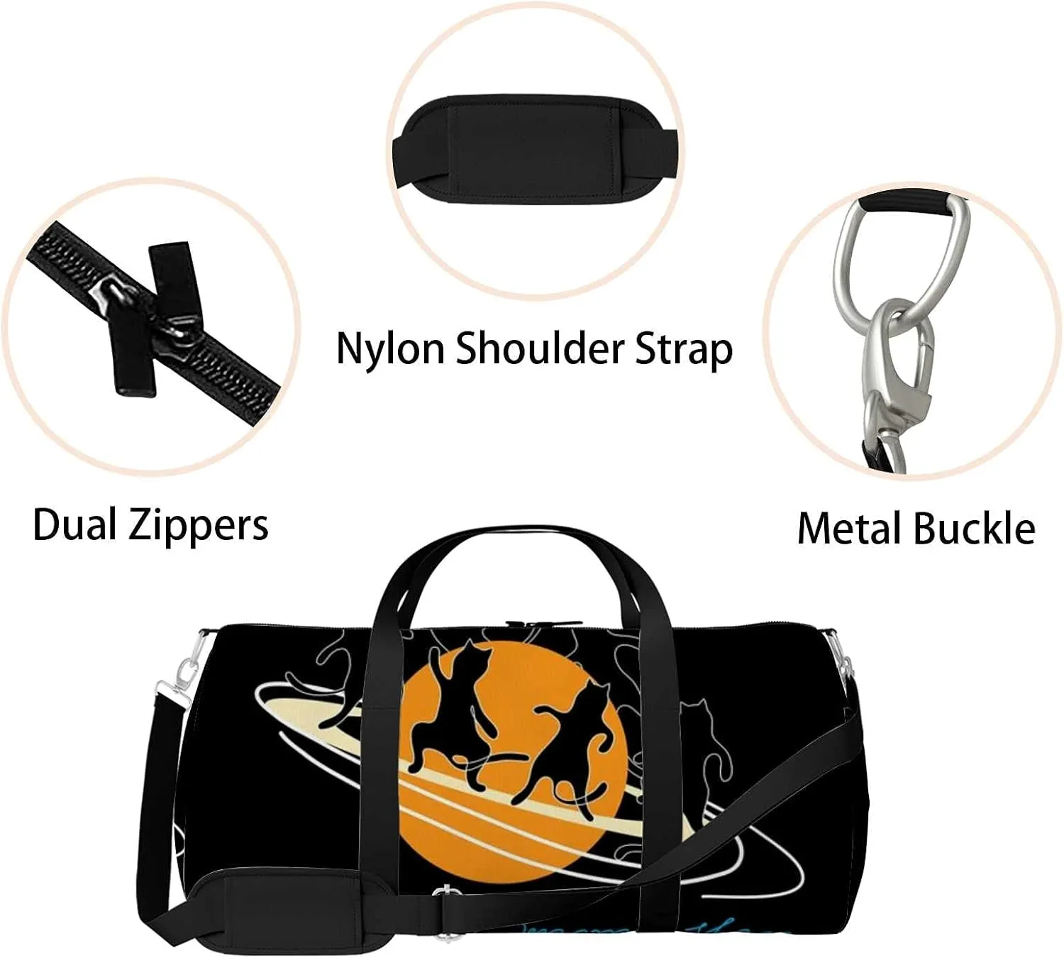 Sports Gym Bag for Women and Men Waterproof Black Cats Dancing Duffel Bag Lightweight Carryon Traveling Boarding Gripsack