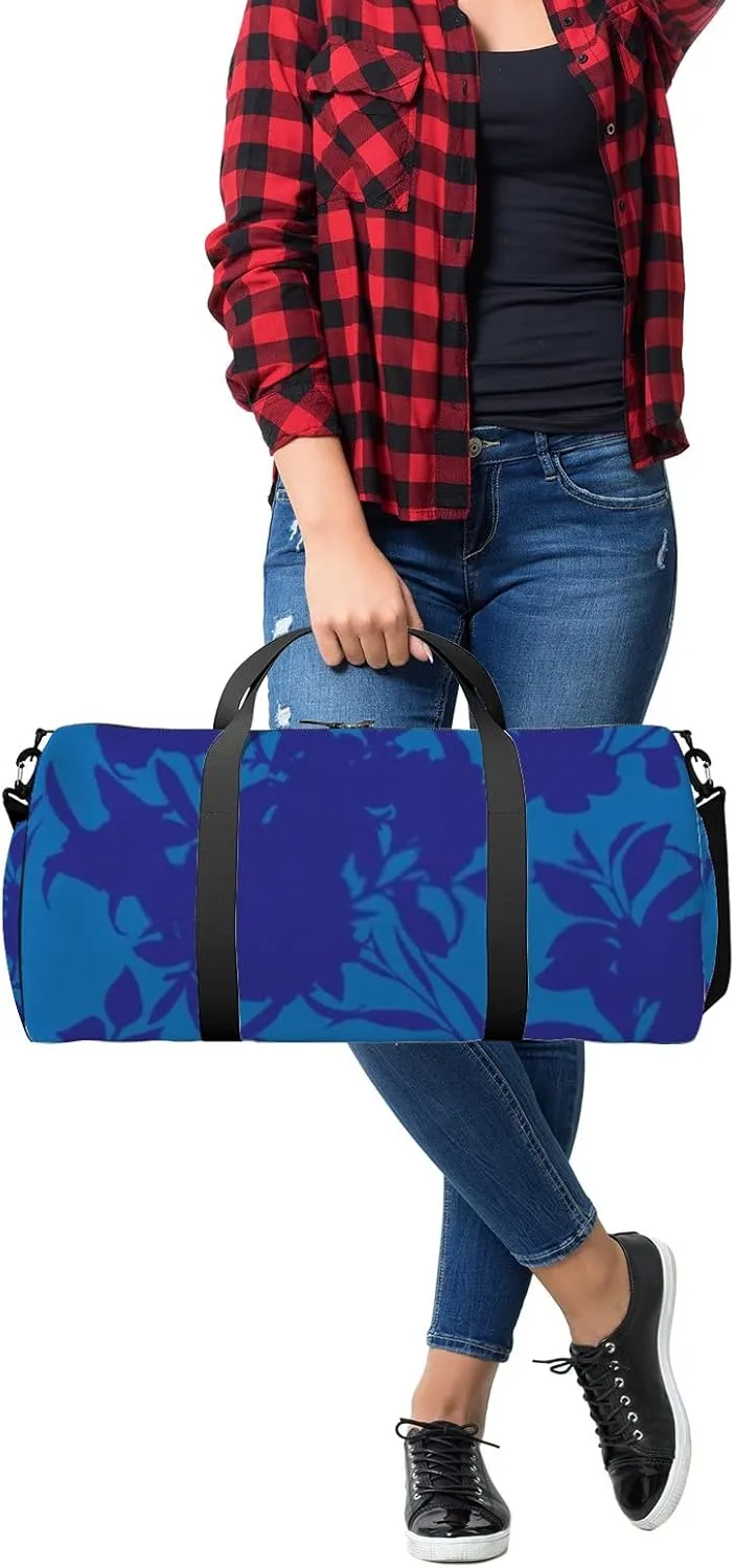 Sports Gym Bag for Women and Men Waterproof Blooming Flowers Silhouettes Vintage Style Dark Blue Duffel Bag Lightweight Carryon Traveling Boarding Gripsack