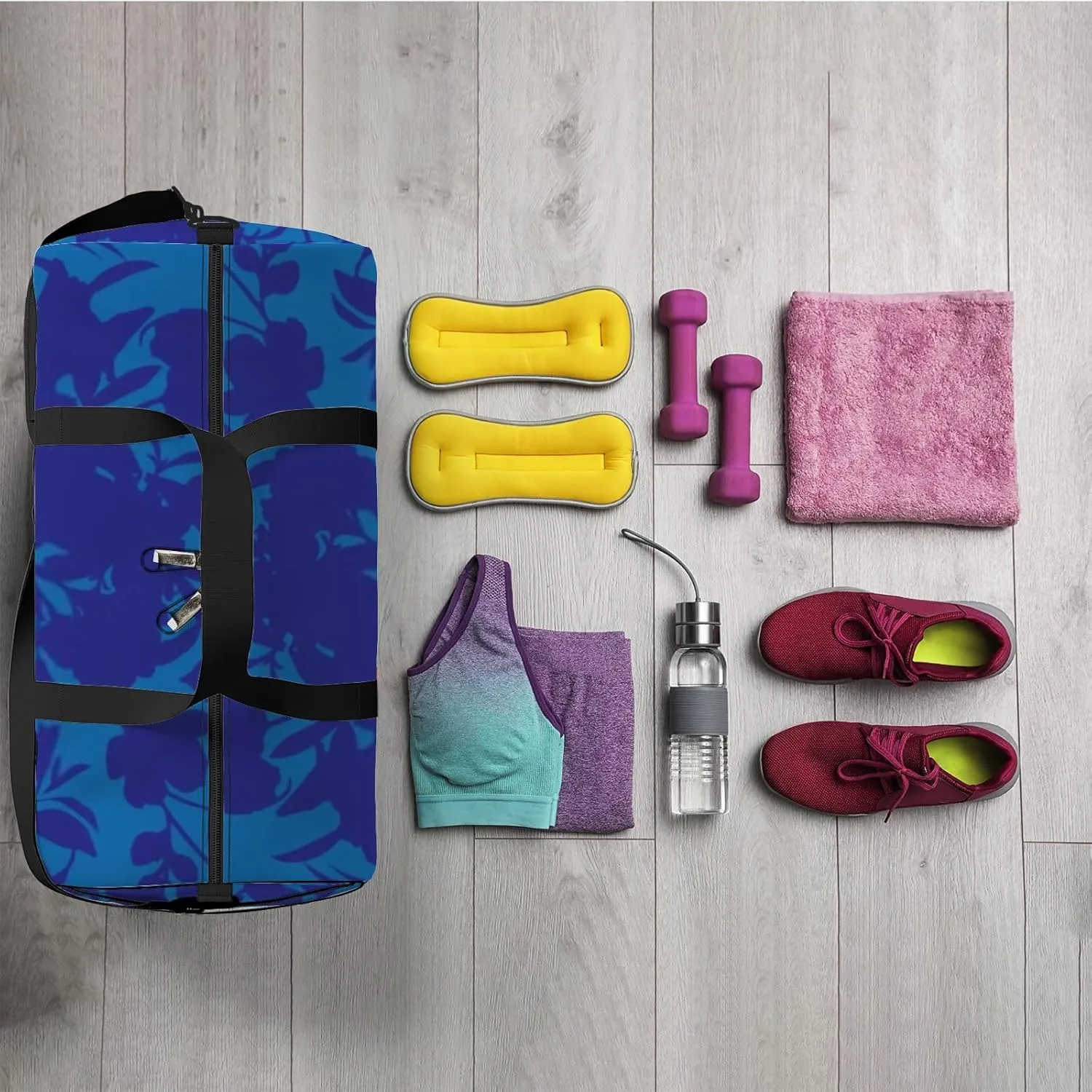 Sports Gym Bag for Women and Men Waterproof Blooming Flowers Silhouettes Vintage Style Dark Blue Duffel Bag Lightweight Carryon Traveling Boarding Gripsack