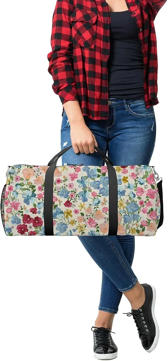 Sports Gym Bag for Women and Men Waterproof Blooming Midsummer Meadow Pattern Duffel Bag Lightweight Carryon Traveling Boarding Gripsack