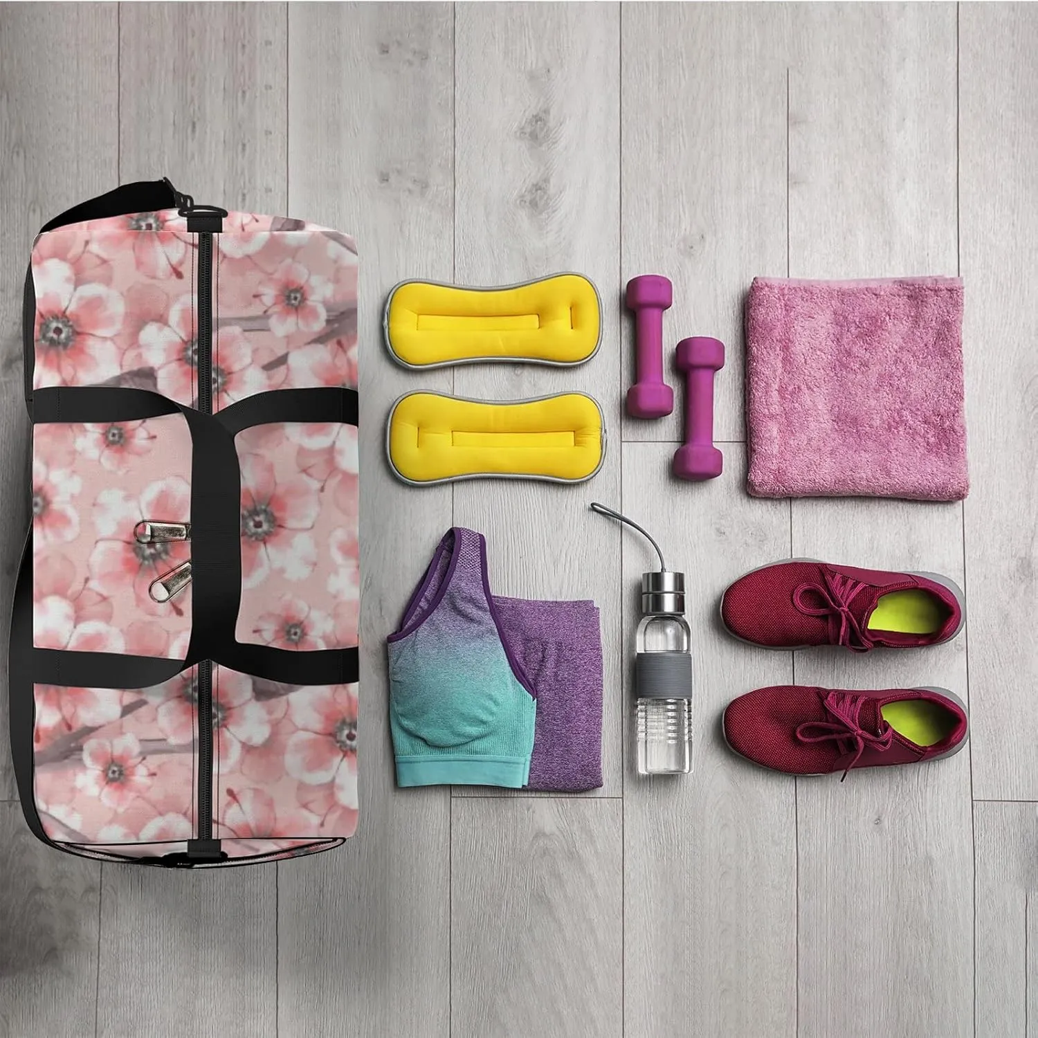 Sports Gym Bag for Women and Men Waterproof Blossom Watercolor Floral Pink Duffel Bag Lightweight Carryon Traveling Boarding Gripsack