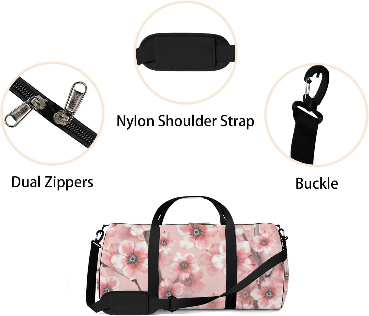 Sports Gym Bag for Women and Men Waterproof Blossom Watercolor Floral Pink Duffel Bag Lightweight Carryon Traveling Boarding Gripsack
