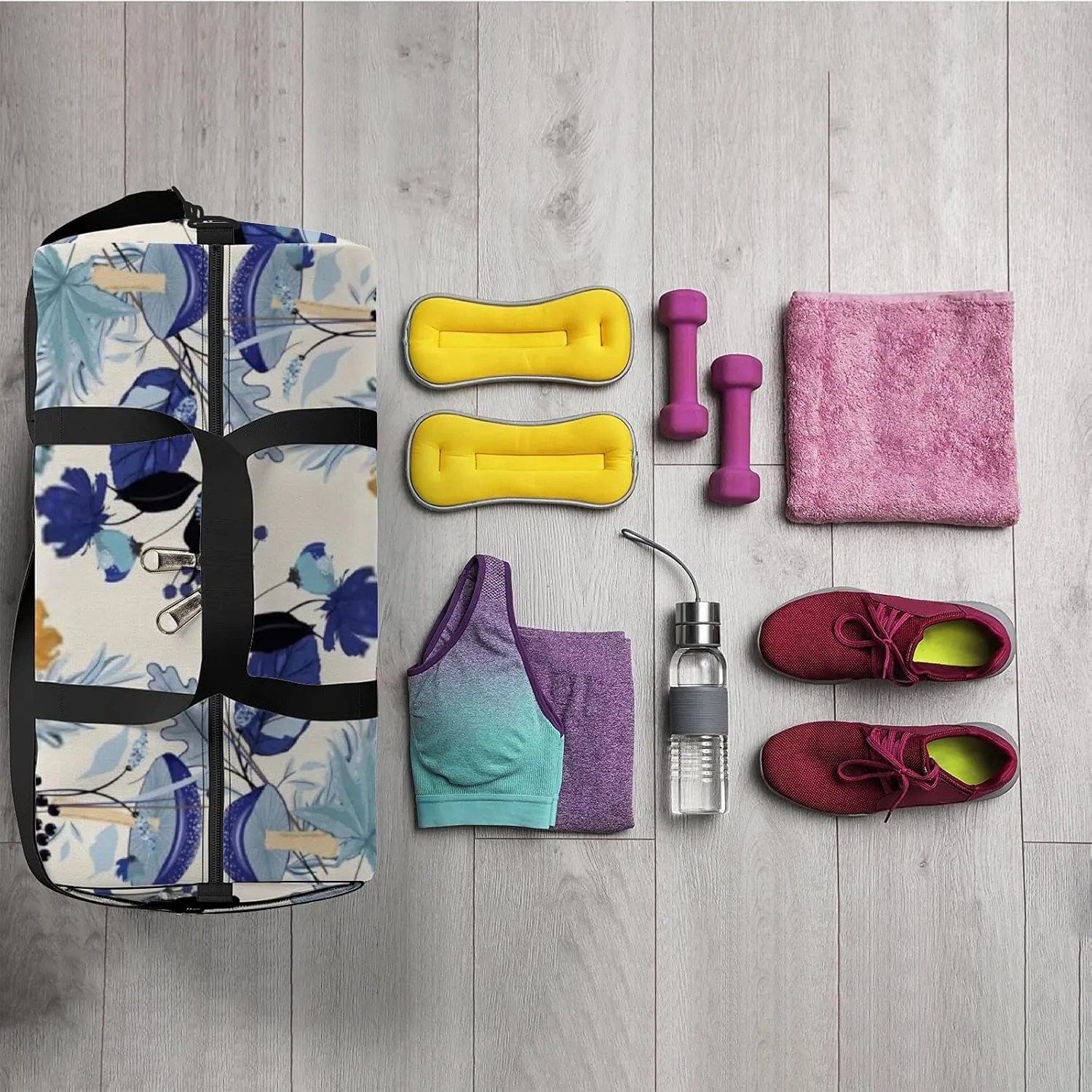 Sports Gym Bag for Women and Men Waterproof Blue Autumn Flower Duffel Bag Lightweight Carryon Traveling Boarding Gripsack