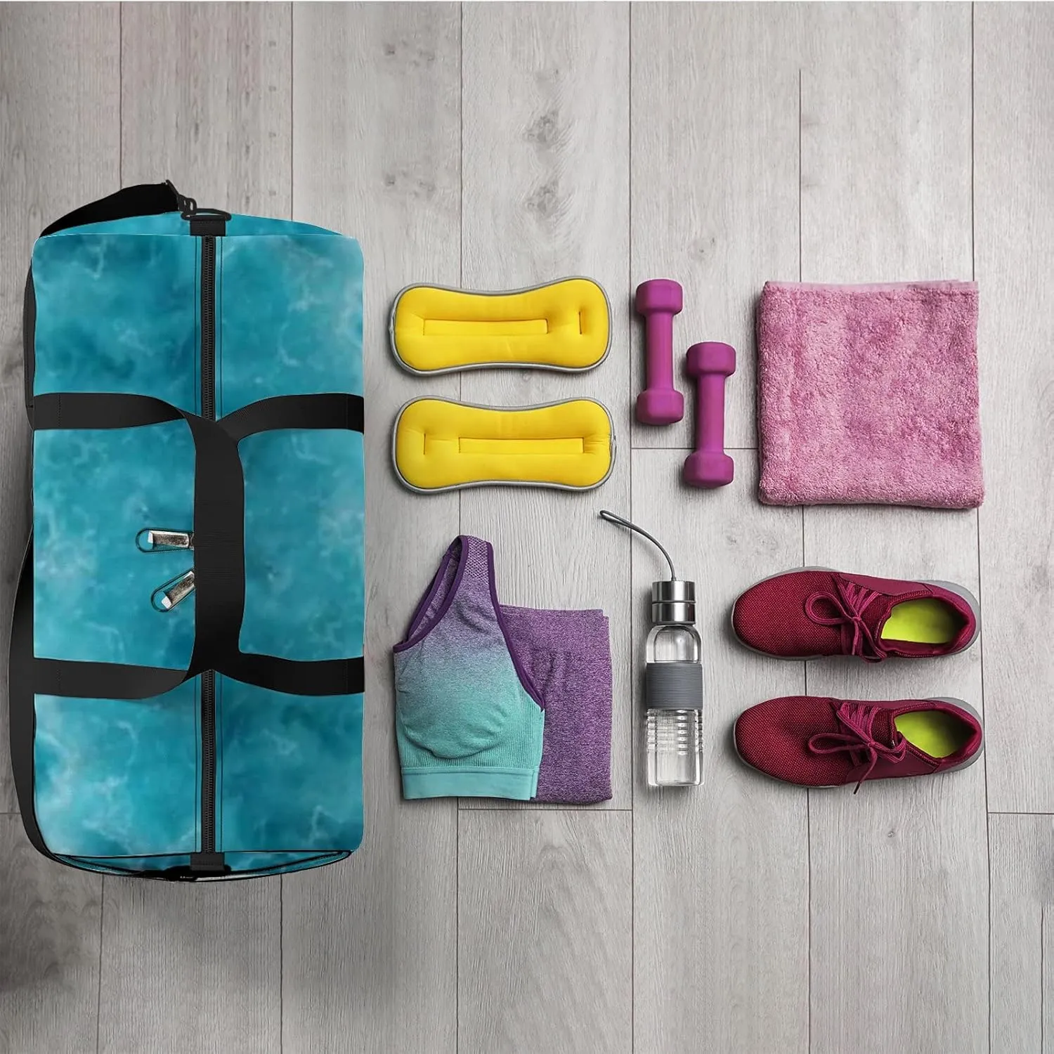 Sports Gym Bag for Women and Men Waterproof Blue Ocean Waves Duffel Bag Lightweight Carryon Traveling Boarding Gripsack