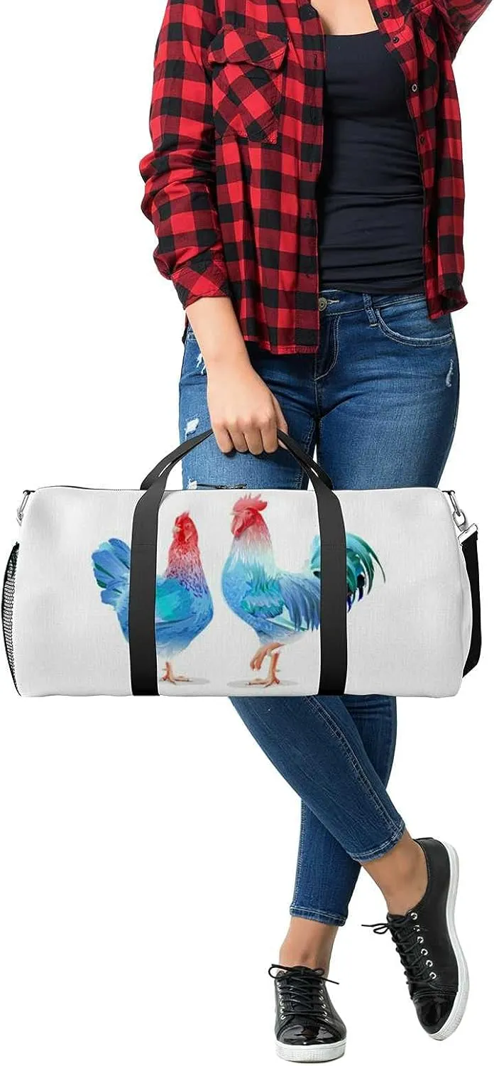 Sports Gym Bag for Women and Men Waterproof Blue Rooster Duffel Bag Lightweight Carryon Traveling Boarding Gripsack