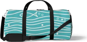 Sports Gym Bag for Women and Men Waterproof Blue Simple Pattern Fishes Waves Duffel Bag Lightweight Carryon Traveling Boarding Gripsack
