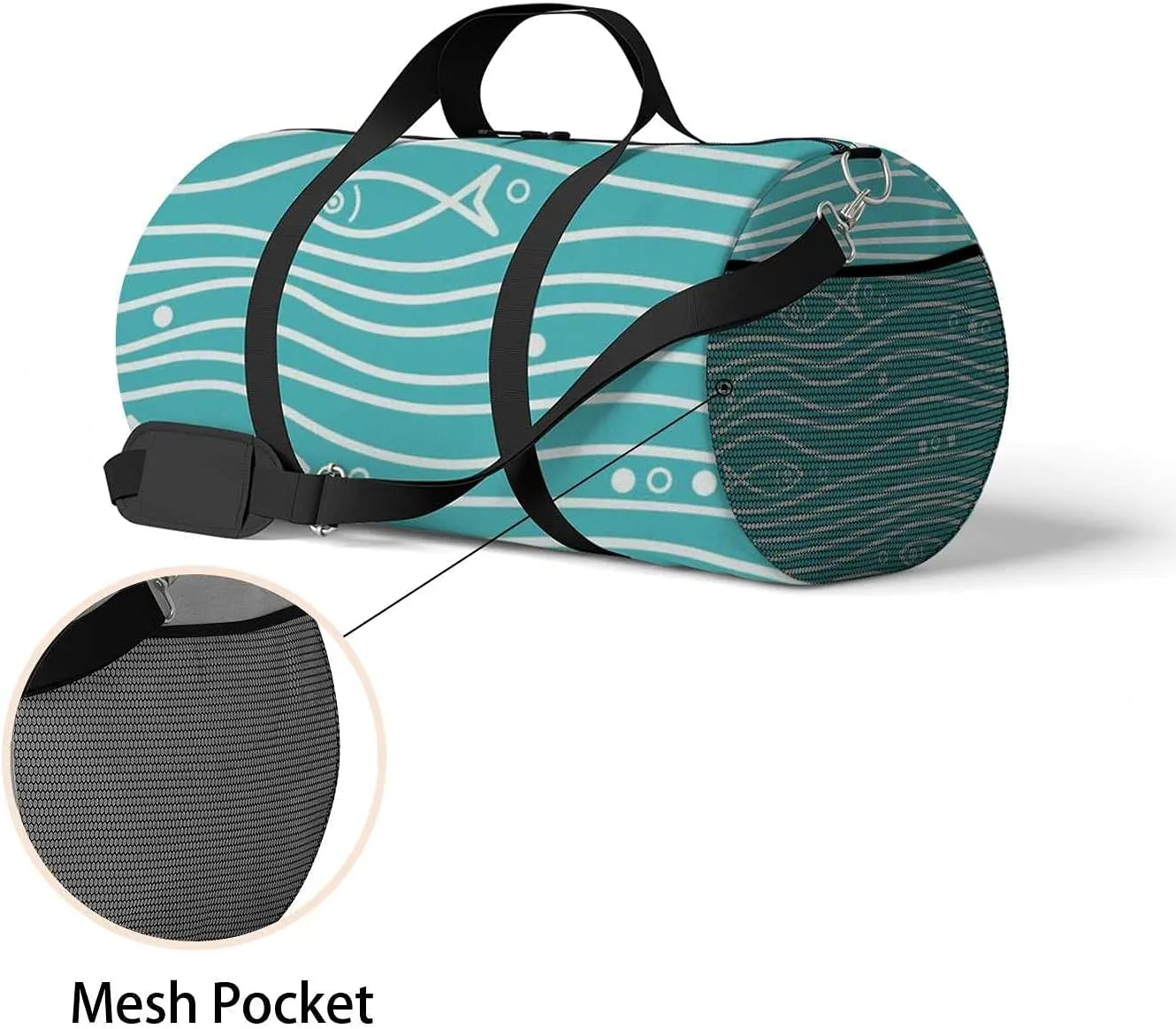 Sports Gym Bag for Women and Men Waterproof Blue Simple Pattern Fishes Waves Duffel Bag Lightweight Carryon Traveling Boarding Gripsack