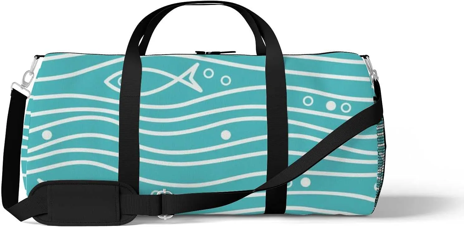 Sports Gym Bag for Women and Men Waterproof Blue Simple Pattern Fishes Waves Duffel Bag Lightweight Carryon Traveling Boarding Gripsack