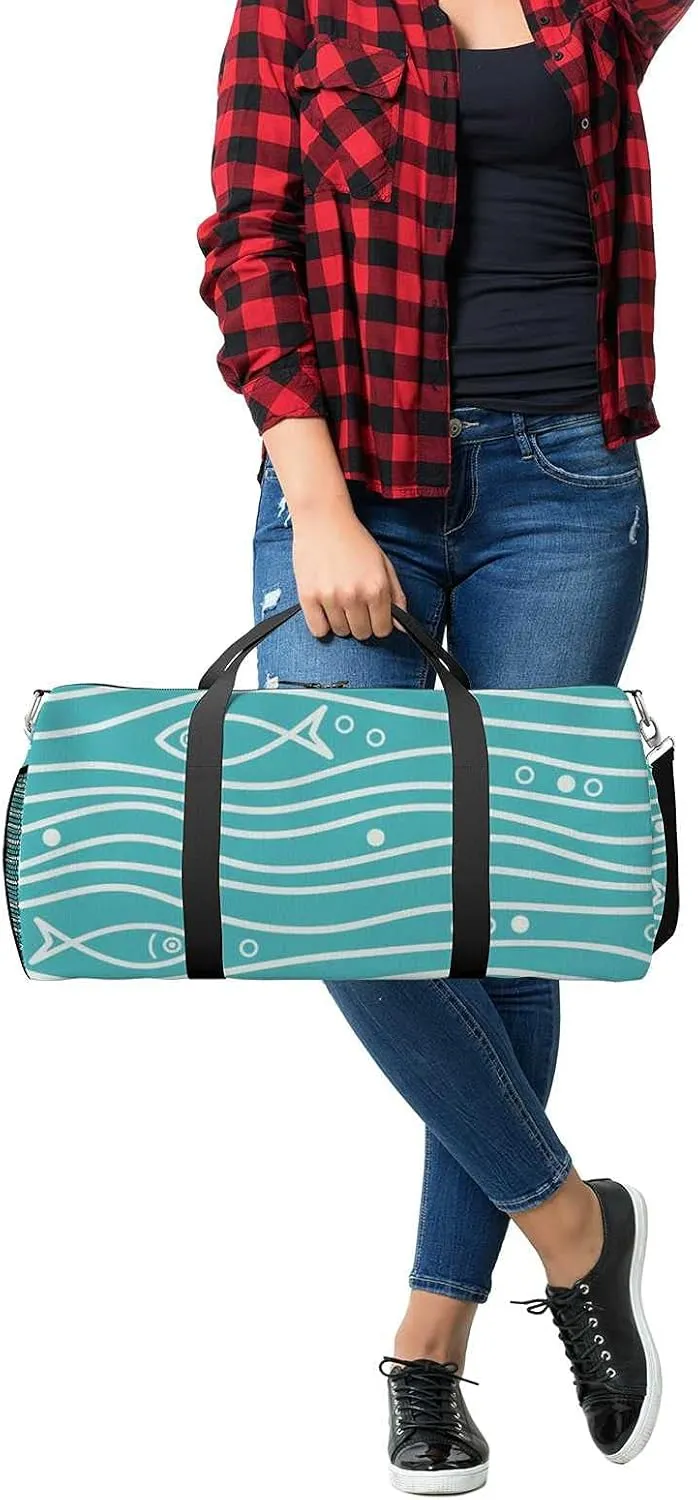 Sports Gym Bag for Women and Men Waterproof Blue Simple Pattern Fishes Waves Duffel Bag Lightweight Carryon Traveling Boarding Gripsack