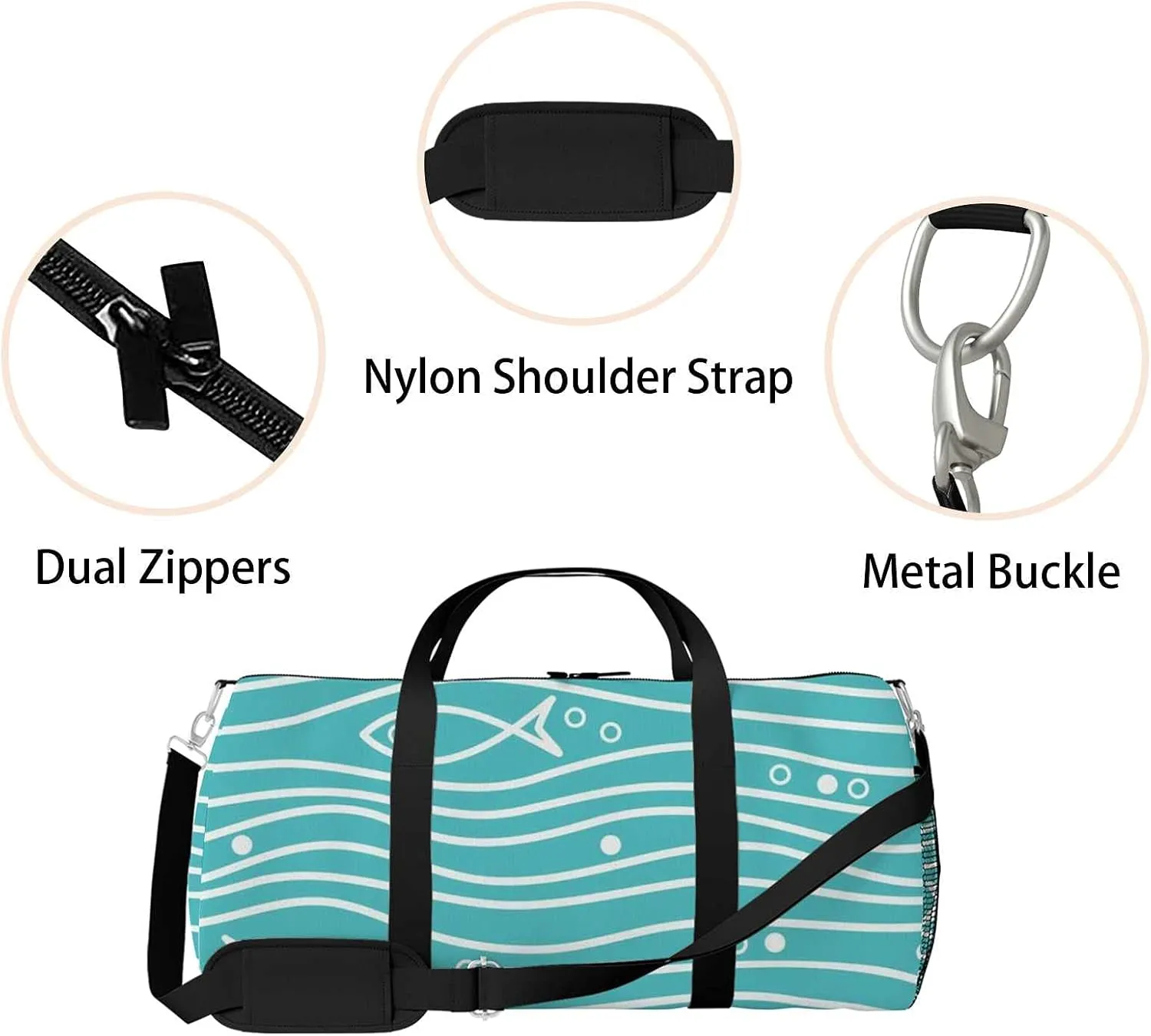 Sports Gym Bag for Women and Men Waterproof Blue Simple Pattern Fishes Waves Duffel Bag Lightweight Carryon Traveling Boarding Gripsack
