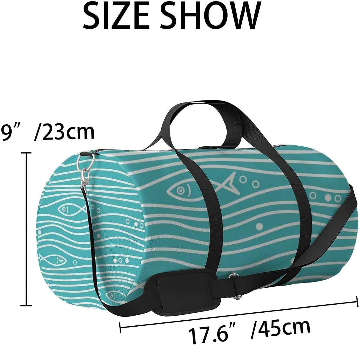 Sports Gym Bag for Women and Men Waterproof Blue Simple Pattern Fishes Waves Duffel Bag Lightweight Carryon Traveling Boarding Gripsack