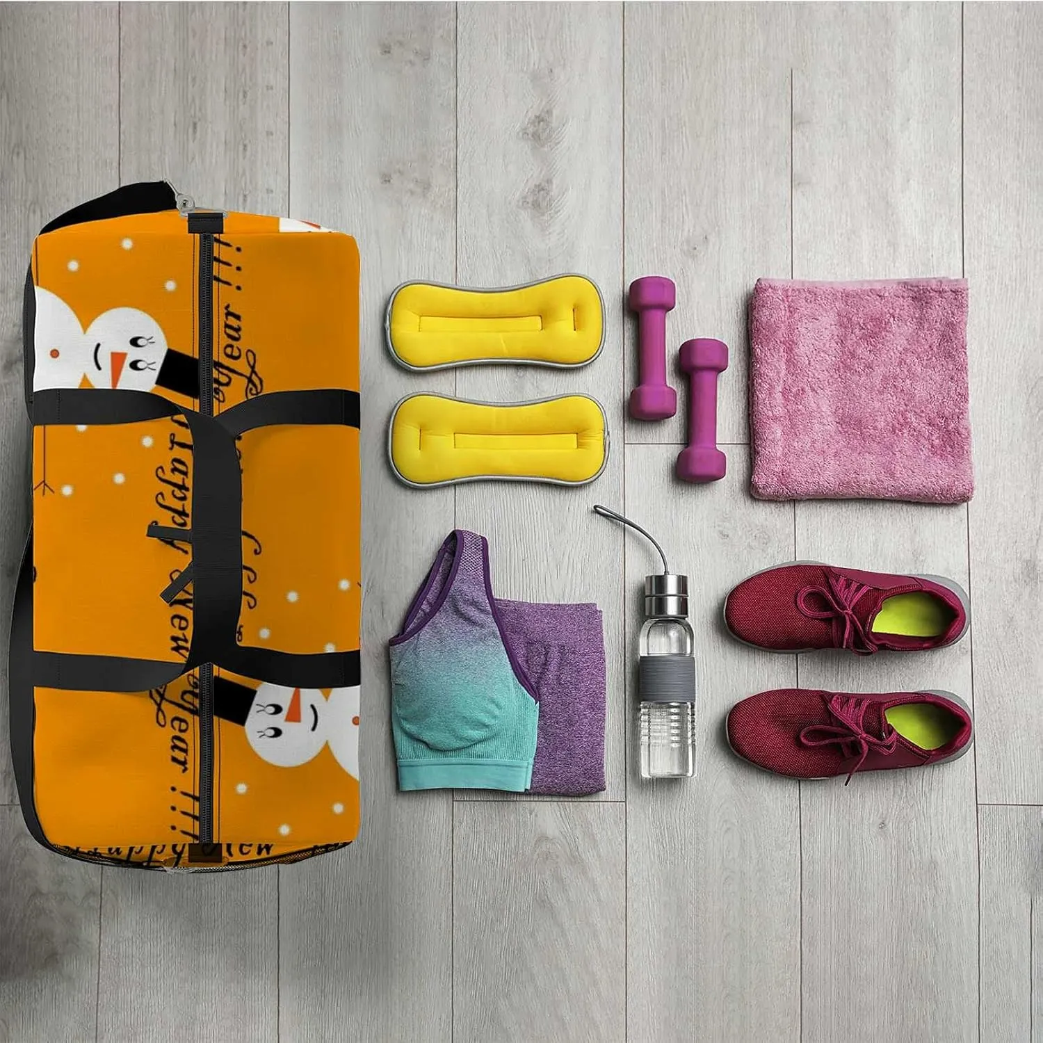 Sports Gym Bag for Women and Men Waterproof Bright Christmas Snowman Orange Duffel Bag Lightweight Carryon Traveling Boarding Gripsack