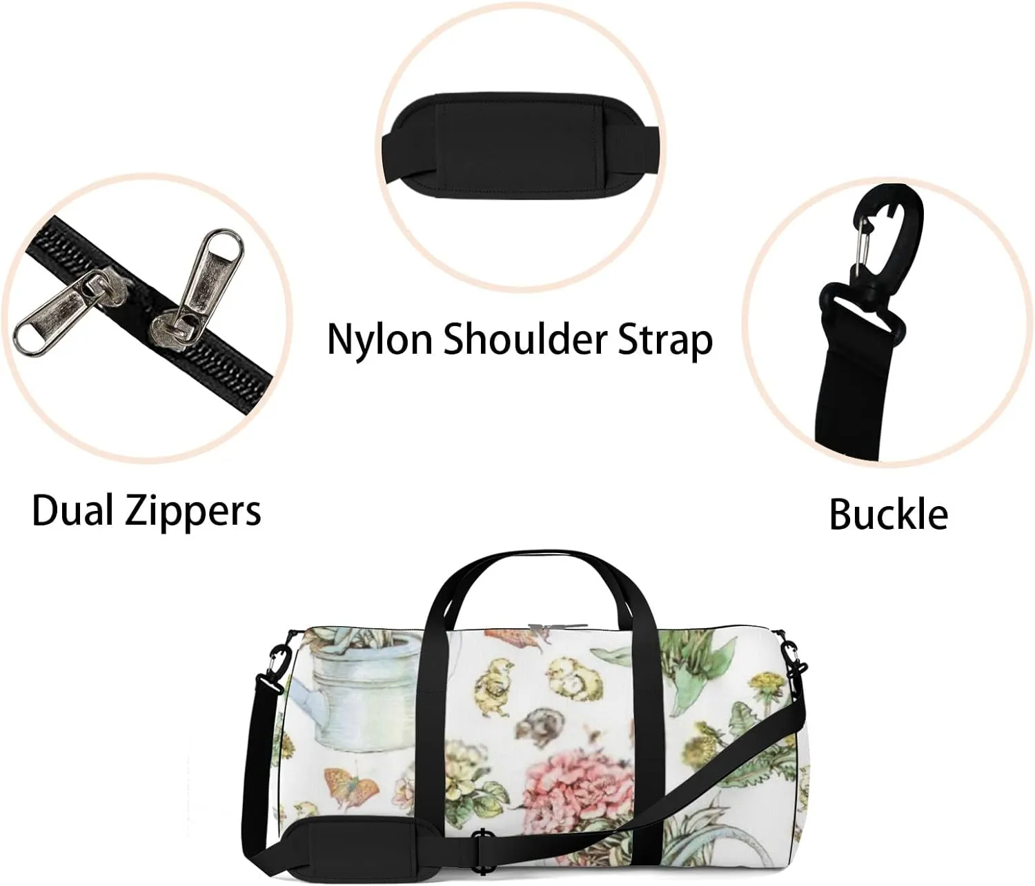 Sports Gym Bag for Women and Men Waterproof Bright Hand Drawn Flora Duffel Bag Lightweight Carryon Traveling Boarding Gripsack