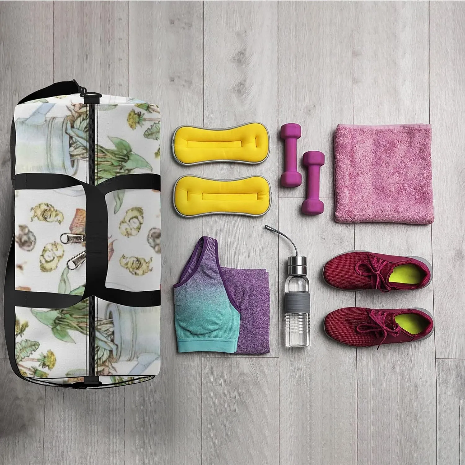 Sports Gym Bag for Women and Men Waterproof Bright Hand Drawn Flora Duffel Bag Lightweight Carryon Traveling Boarding Gripsack