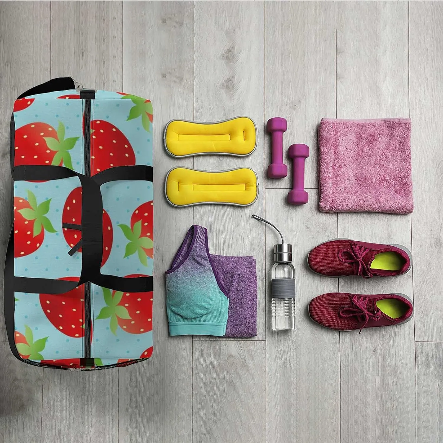 Sports Gym Bag for Women and Men Waterproof Bright Strawberry Duffel Bag Lightweight Carryon Traveling Boarding Gripsack