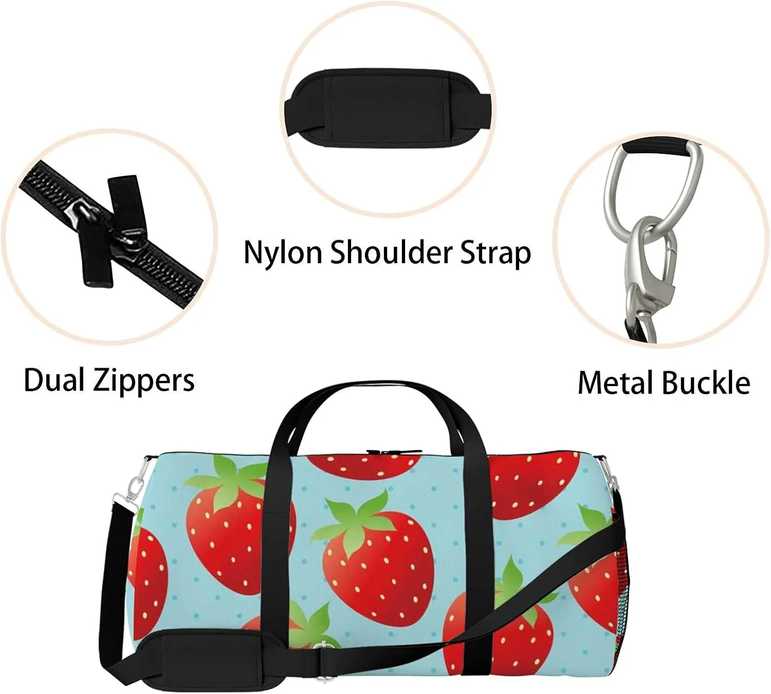 Sports Gym Bag for Women and Men Waterproof Bright Strawberry Duffel Bag Lightweight Carryon Traveling Boarding Gripsack