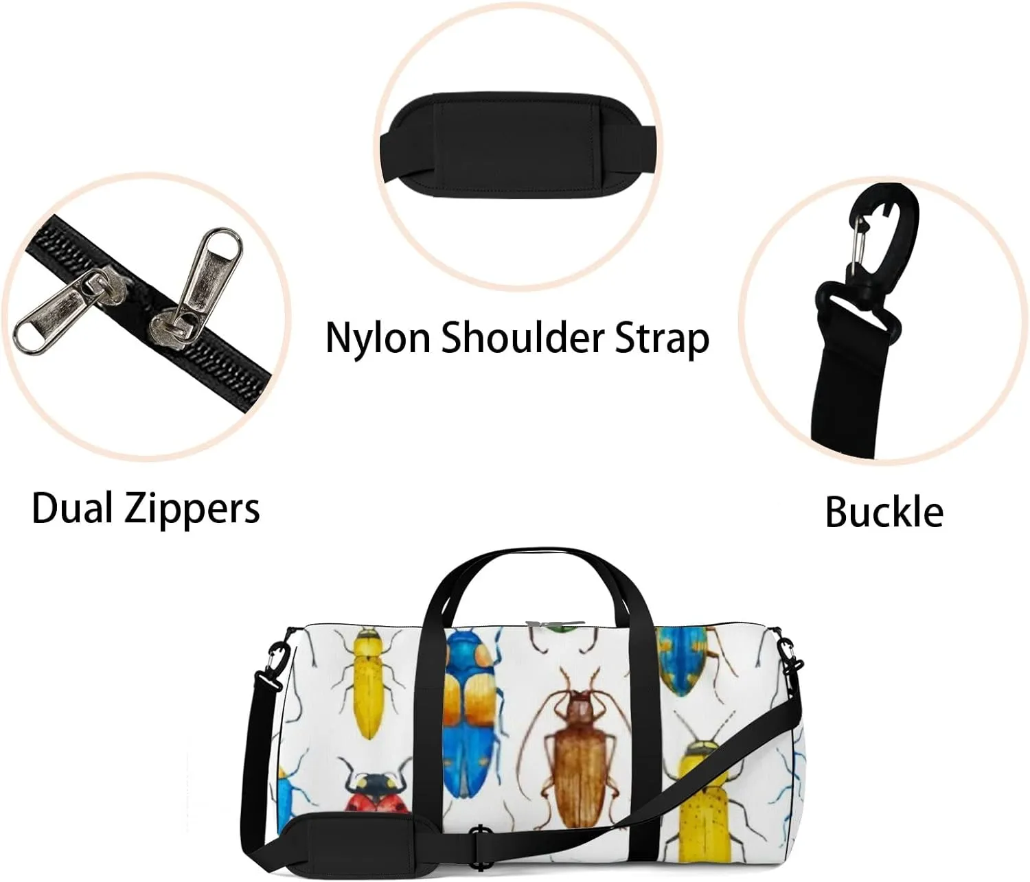 Sports Gym Bag for Women and Men Waterproof Bright Watercolor Beetles White Duffel Bag Lightweight Carryon Traveling Boarding Gripsack