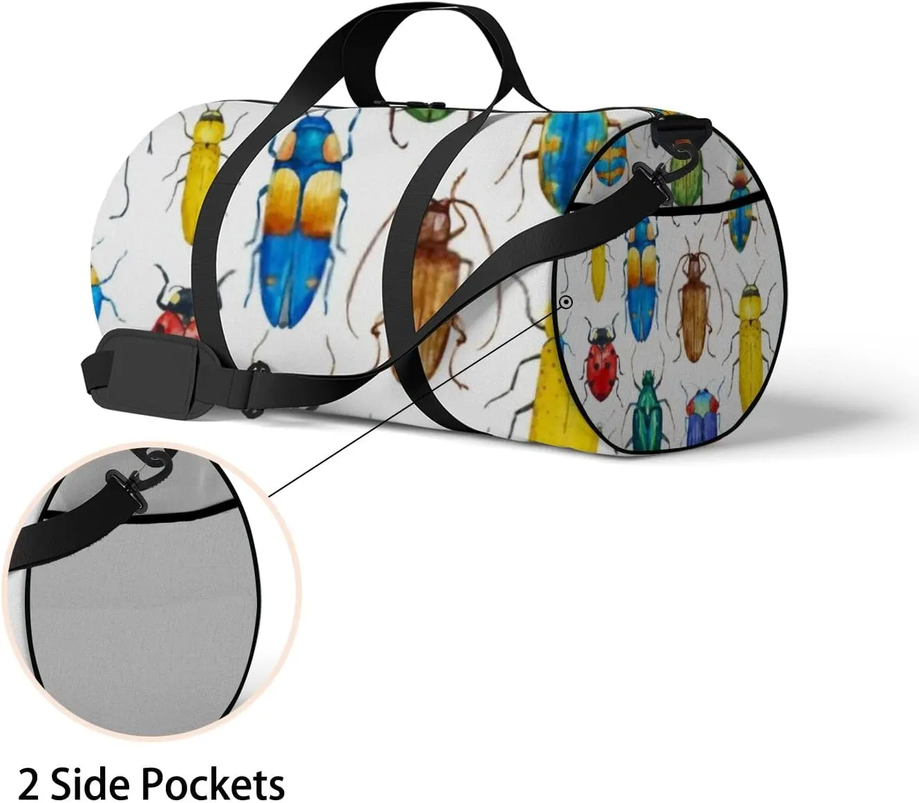 Sports Gym Bag for Women and Men Waterproof Bright Watercolor Beetles White Duffel Bag Lightweight Carryon Traveling Boarding Gripsack