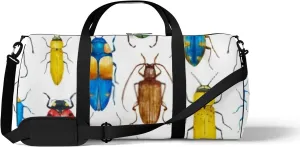 Sports Gym Bag for Women and Men Waterproof Bright Watercolor Beetles White Duffel Bag Lightweight Carryon Traveling Boarding Gripsack