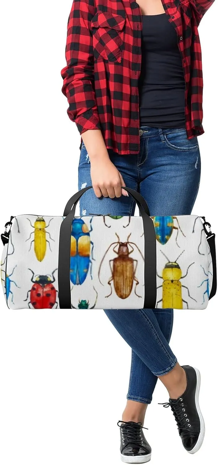 Sports Gym Bag for Women and Men Waterproof Bright Watercolor Beetles White Duffel Bag Lightweight Carryon Traveling Boarding Gripsack