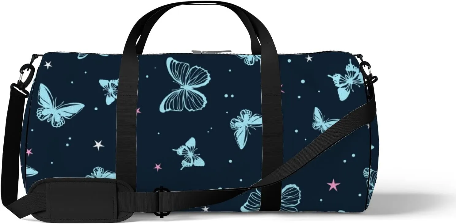 Sports Gym Bag for Women and Men Waterproof Butterflies Pattern Blue Duffel Bag Lightweight Carryon Traveling Boarding Gripsack